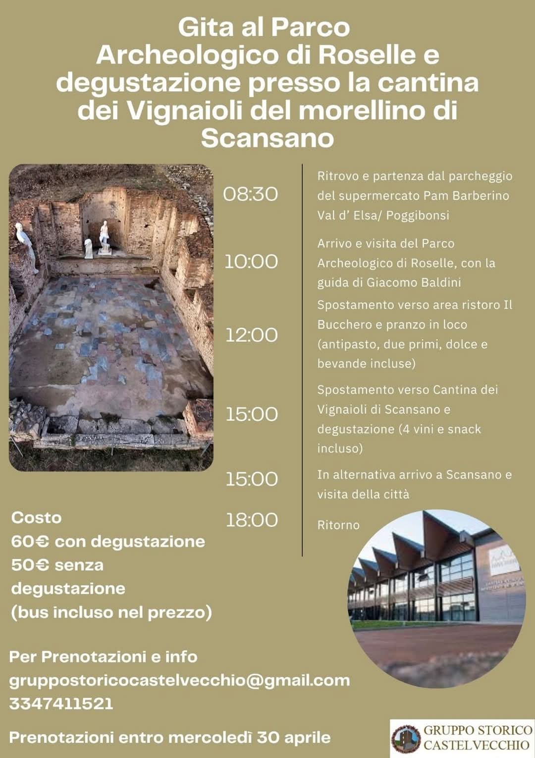Gita al Parco Archeologico di Rosselle e degustazione presso la cantina di Vignaioli del morellino di Scansano.